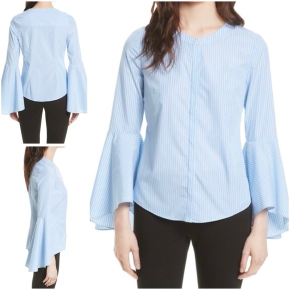 MILLY Women Size 4 Michelle Blue White Stripe Bell Sleeve Cotton Blouse USA - Picture 1 of 13